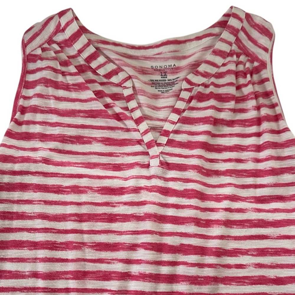 Sonoma Tank Top Women 1X Pink Striped Split V-Neck Sleeveless High-Low Hem